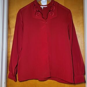 Vintage Early 90s Red Button-Down Blouse With Embroidered Collar, Button Cuffs